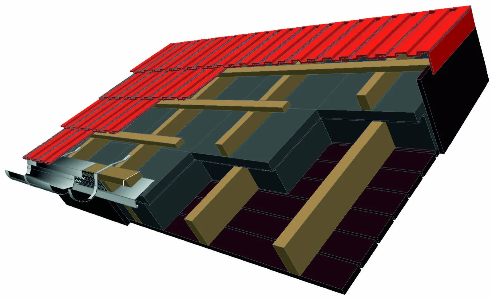 3D-Schnitt des Dachsystems mit Ziegeln, Lattung, Dämmelement und Leimholz-Sparren
