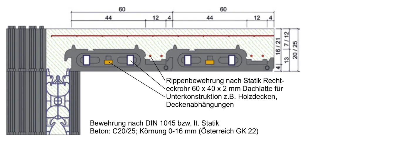 Schnitt Rippendecke mit Rechteckrohr und Dachlatte für die Unterkonstruktion